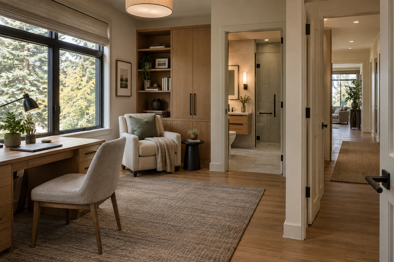 Adaptable main-floor room with built-in storage and an accessible bathroom in a Calgary home.