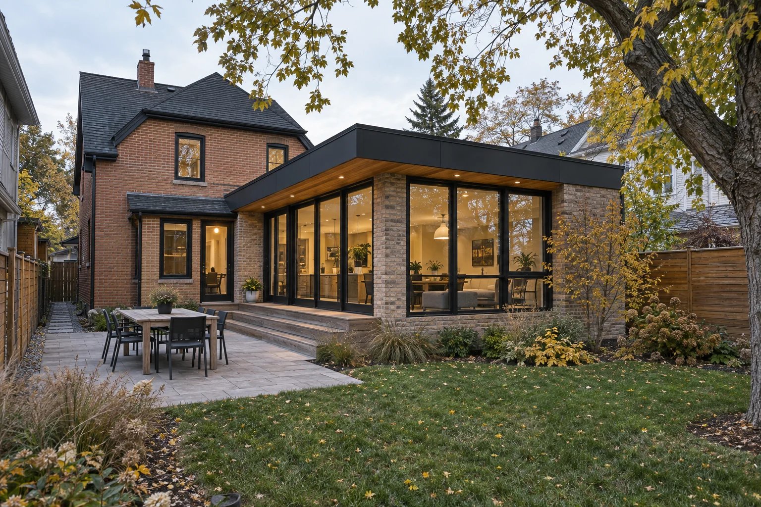 Contemporary family-room addition connected to a character home and mature Calgary backyard.