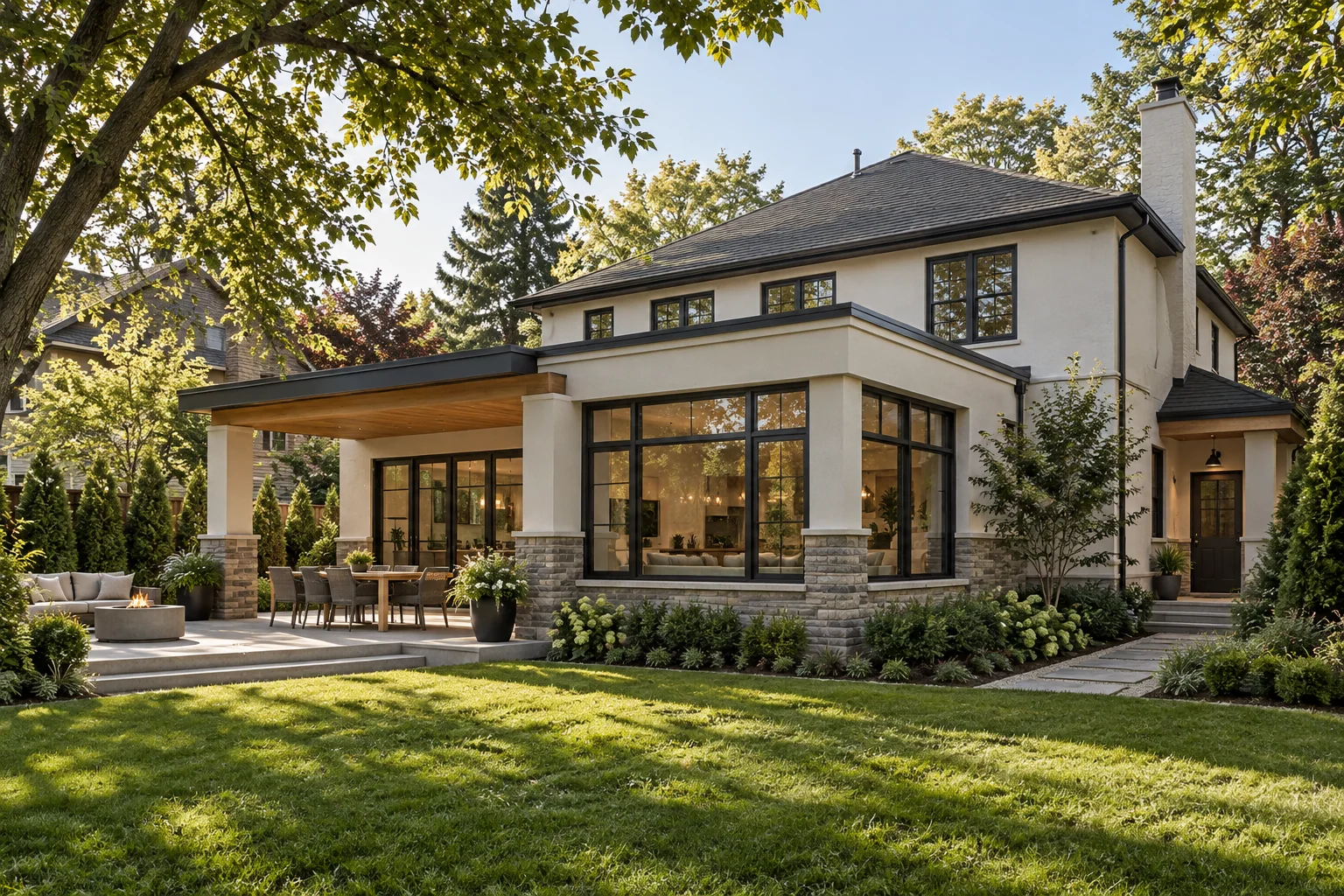 Rear kitchen and family-room addition connected to a mature Calgary backyard.