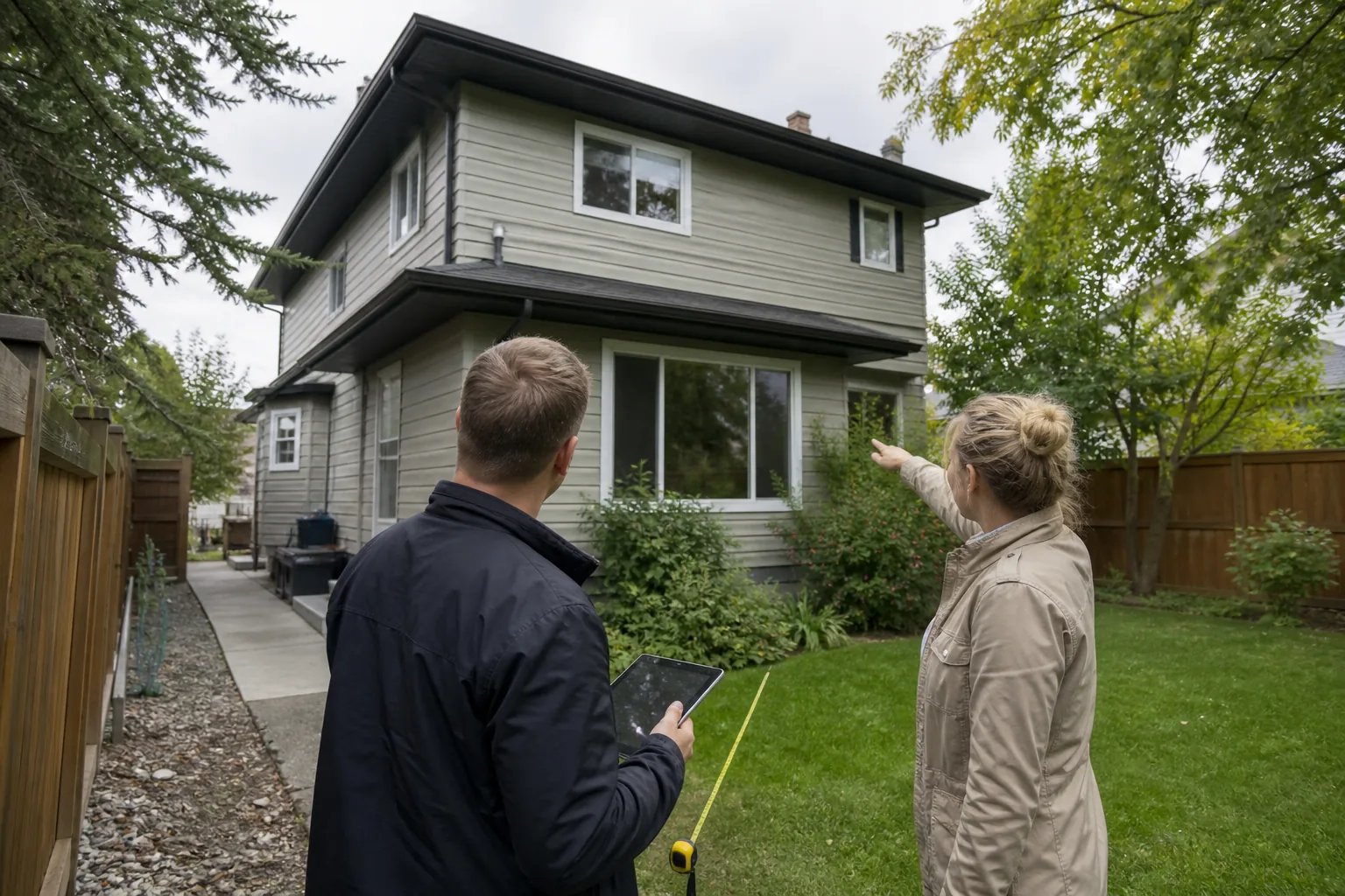 A residential designer assessing a Calgary house and lot for possible rear or second-storey additions.