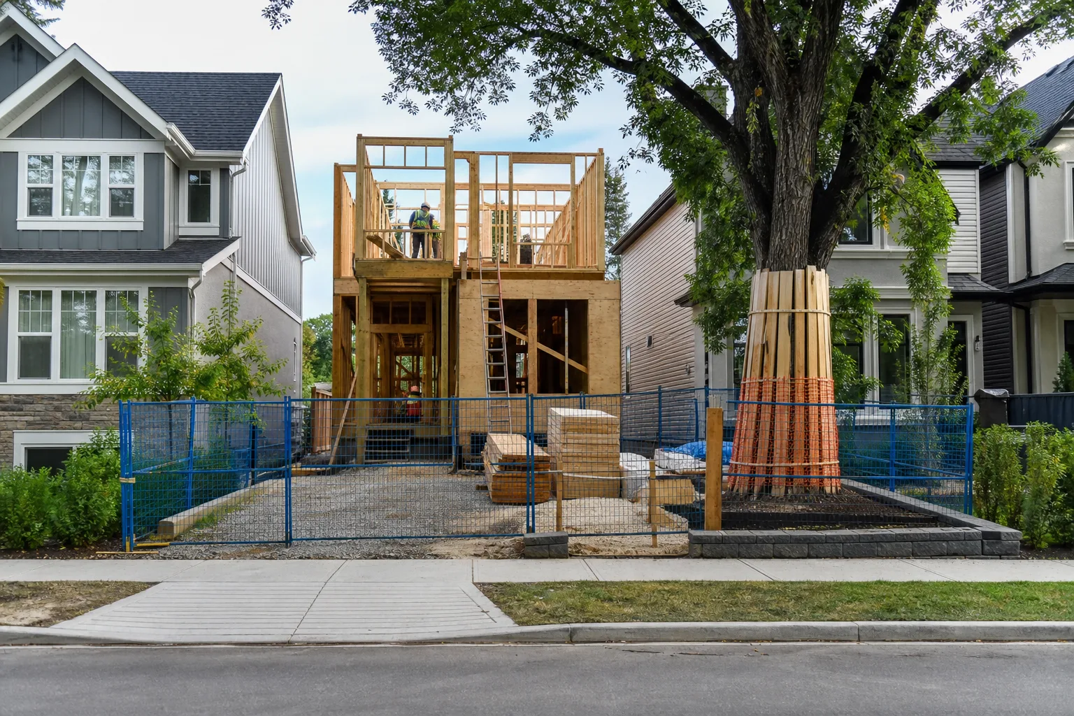 Organized infill framing site between occupied Calgary homes with a protected mature tree.