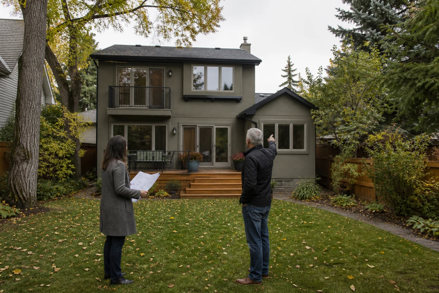 A homeowner and architect assessing a Calgary backyard for a multigenerational home addition.