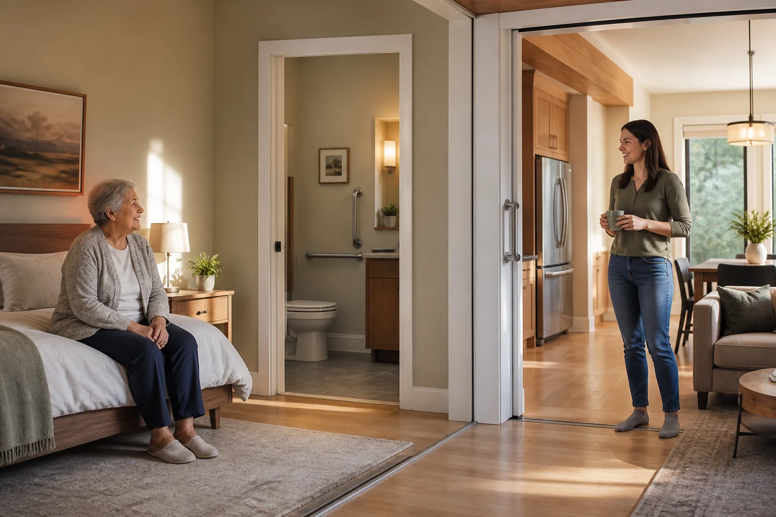 An accessible private suite connected to shared living space in a multigenerational Calgary home.