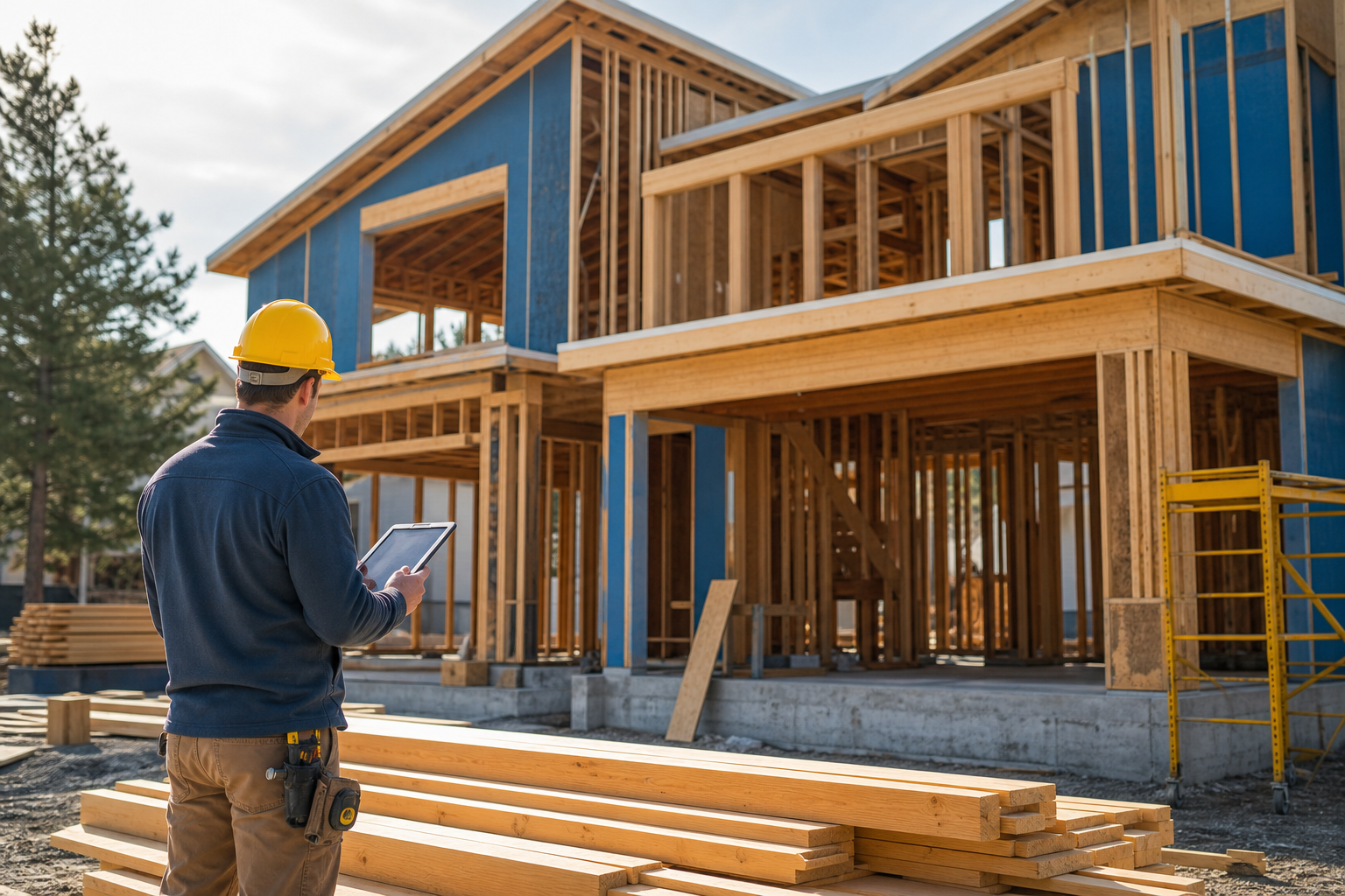 Custom home framing stage with organized site review during construction.