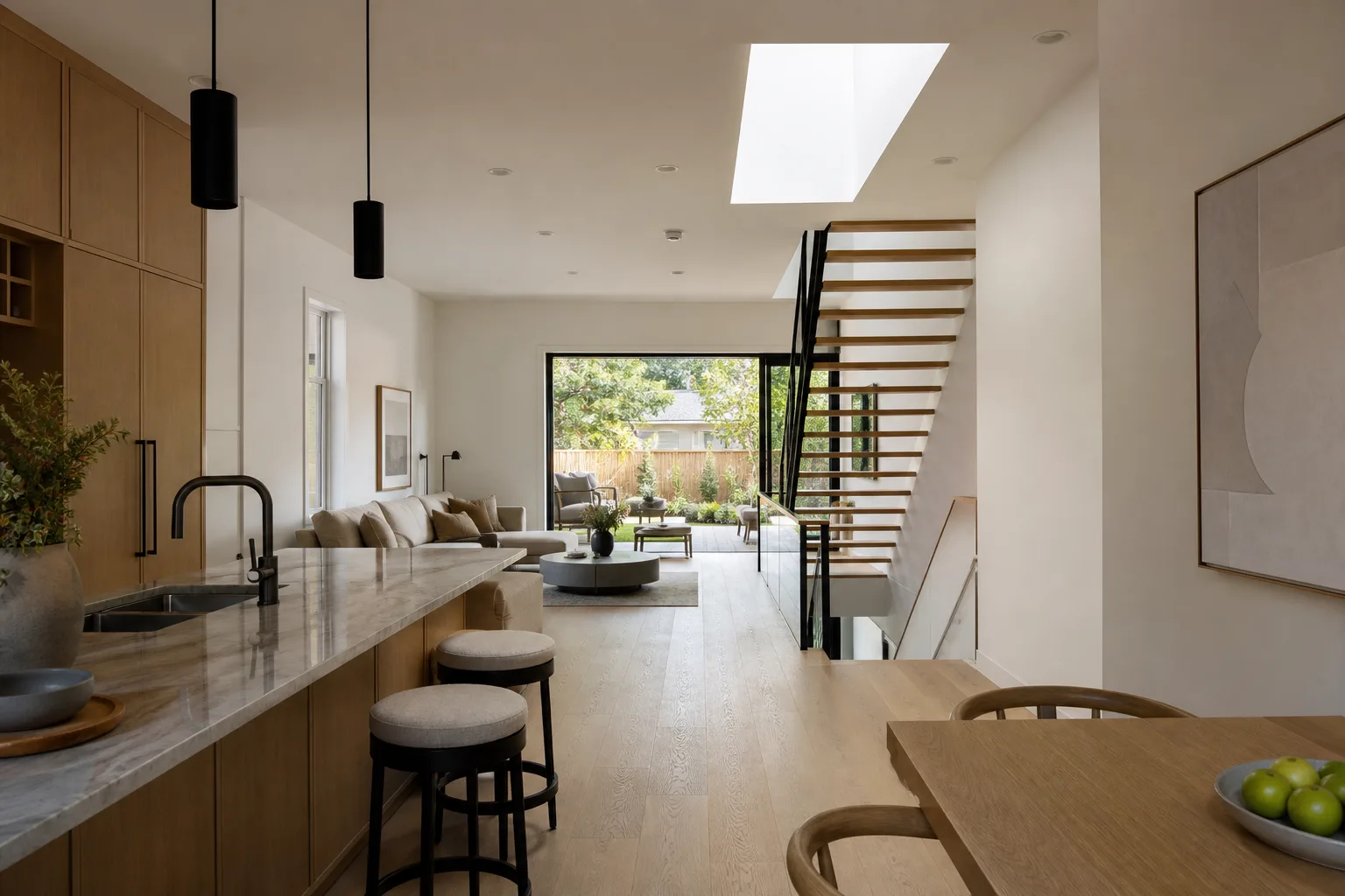 Daylight reaching the centre of a modern narrow-lot infill home through a skylight and open stair.